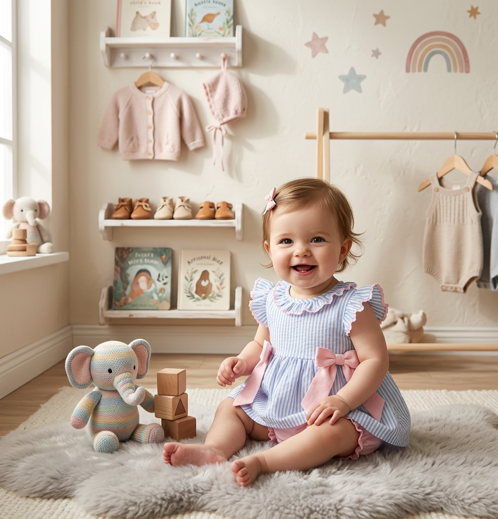 Blue Stripe Bow Seersucker Bloomer Set