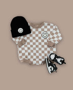 Checkered Smiley Latte Bubble Romper