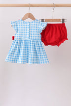 Blue Apple Appliqué Gingham Bloomer Set