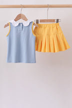 Blue bus bow embroidery ruffle skorts set