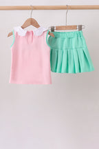 Pink apple bow embroidery skorts set