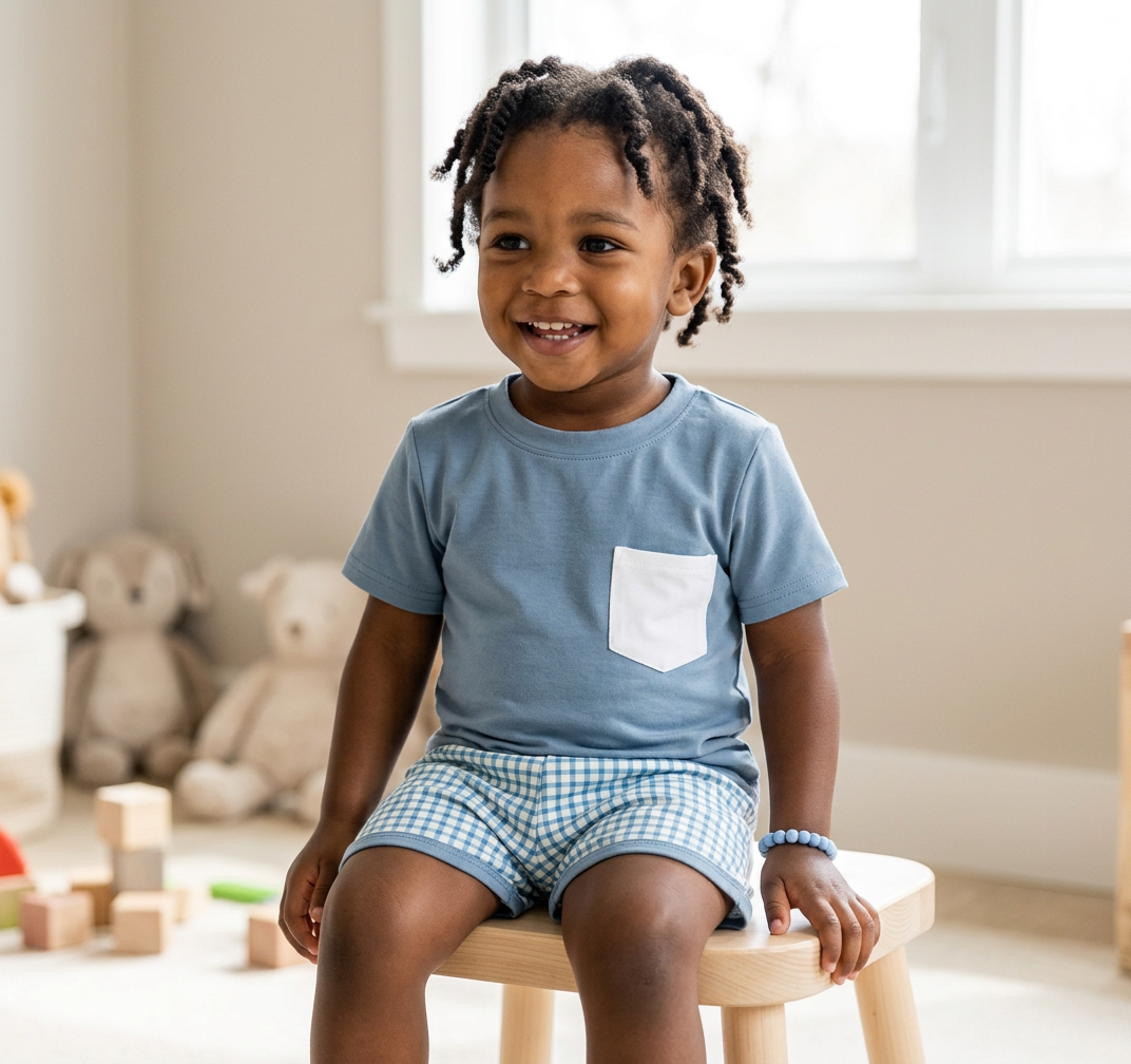 Blue Pocket Grid Shorts Set