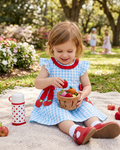 Blue Apple Appliqué Gingham Ruffle Dress